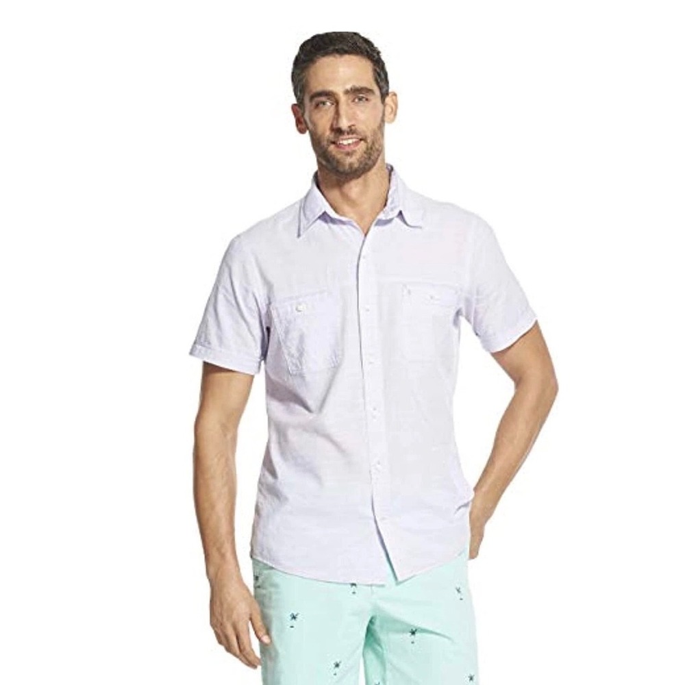 Izod Saltwater Relaxed Classics Shirt Mens Medium Lilac Lavender Short Sleeve